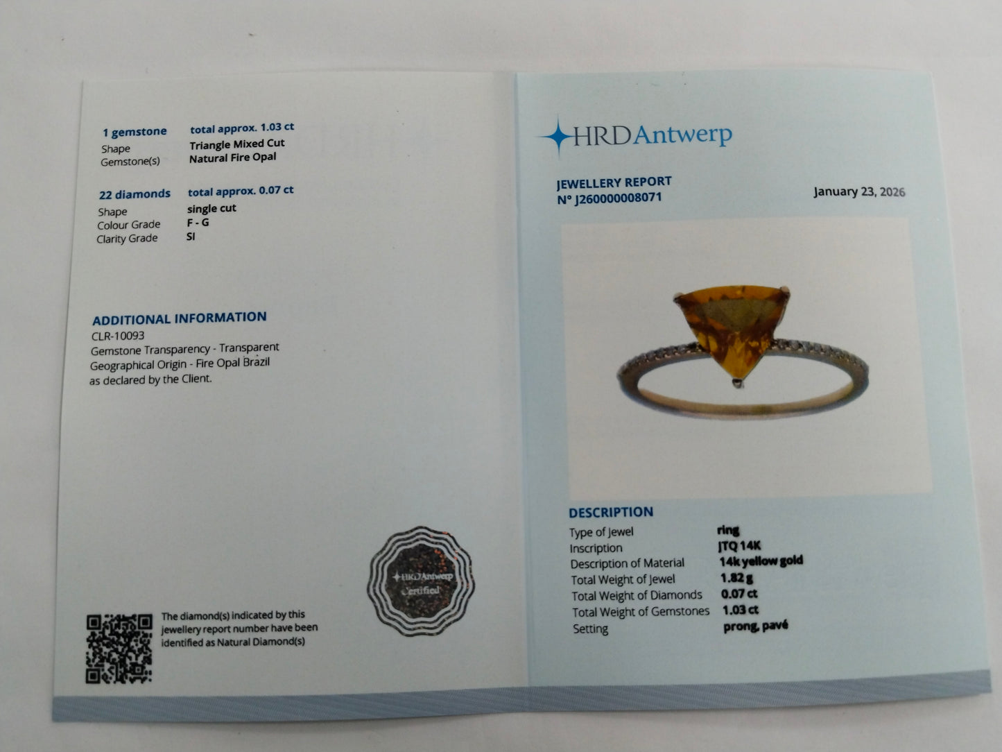 1.10 Ct Triangle Mixed Cut Natural Fire Opal 14K Gold Ring
