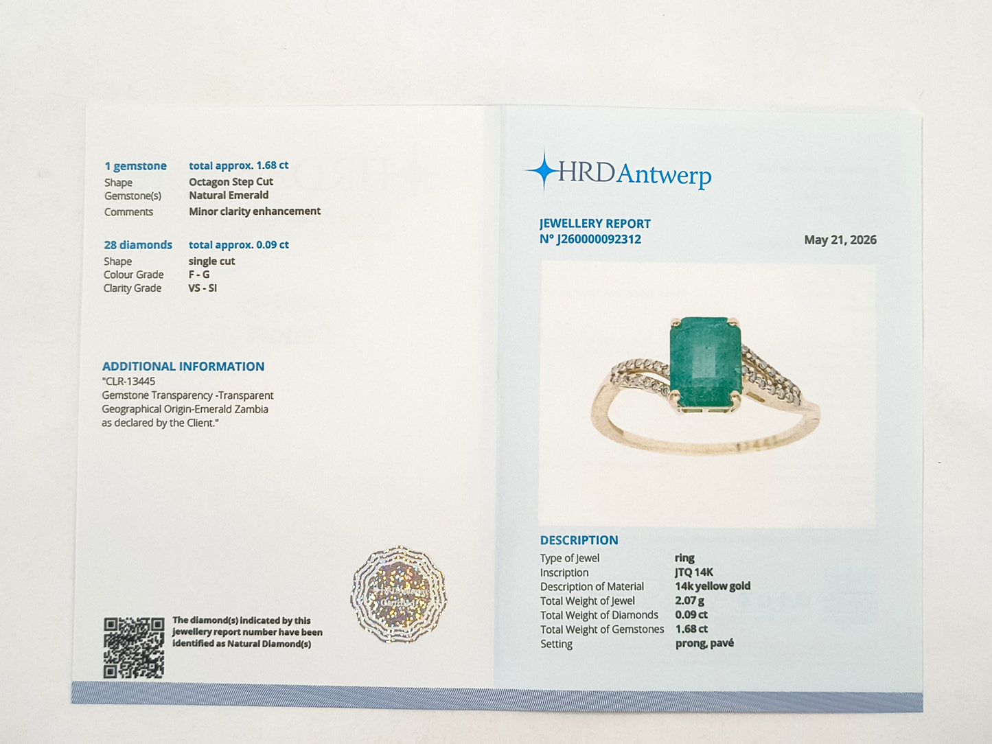 1.77 Ct Octagon Emerald 14K Gold Ring