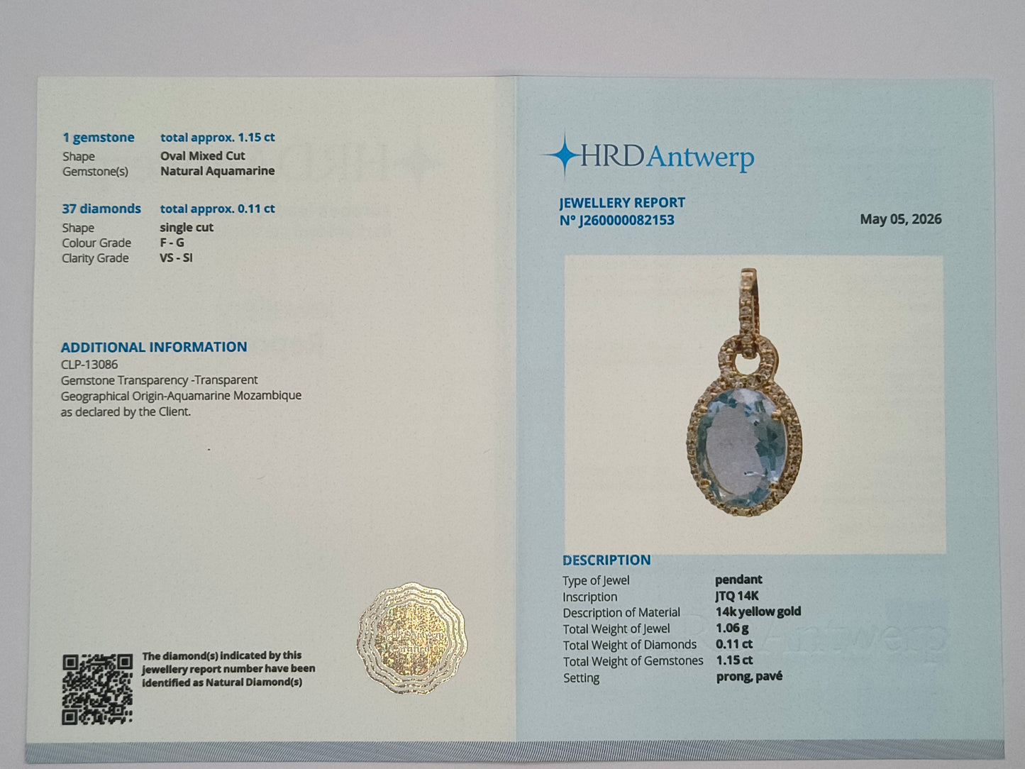 1.26 Ct Oval Mixed Cut Natural Aquamarine 14K Gold Pendant