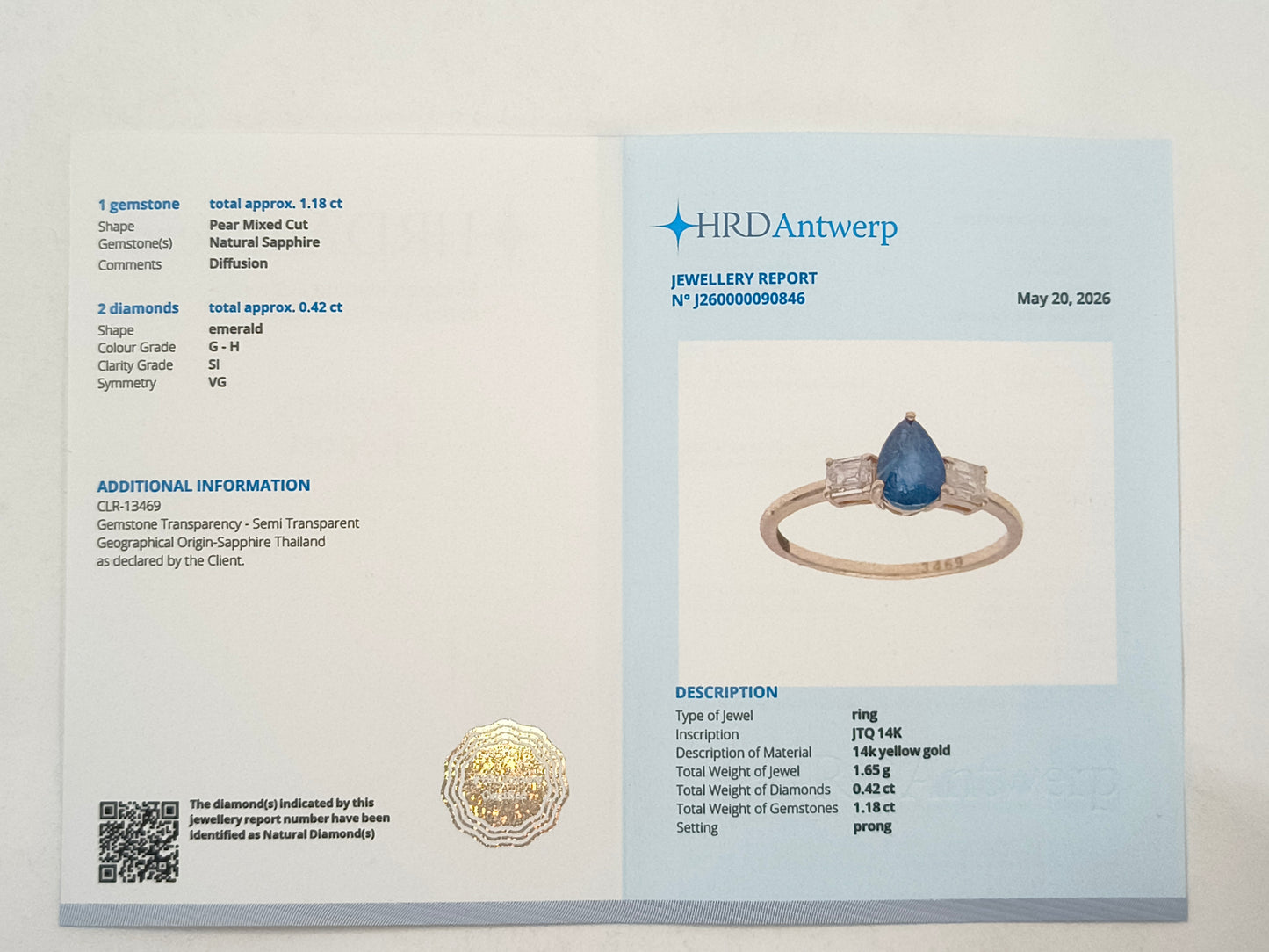 1.60 Ct Pear Sapphire 14K Gold Ring