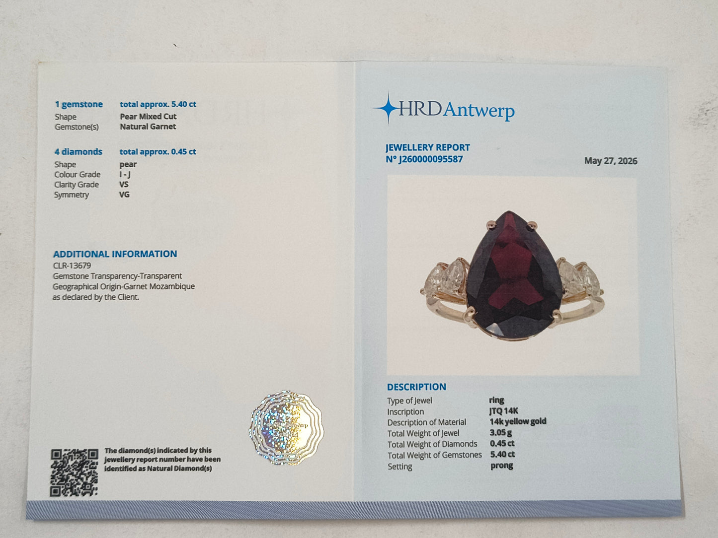 5.85 Ct Pear Mixed Cut Natural Garnet 14K Gold Ring