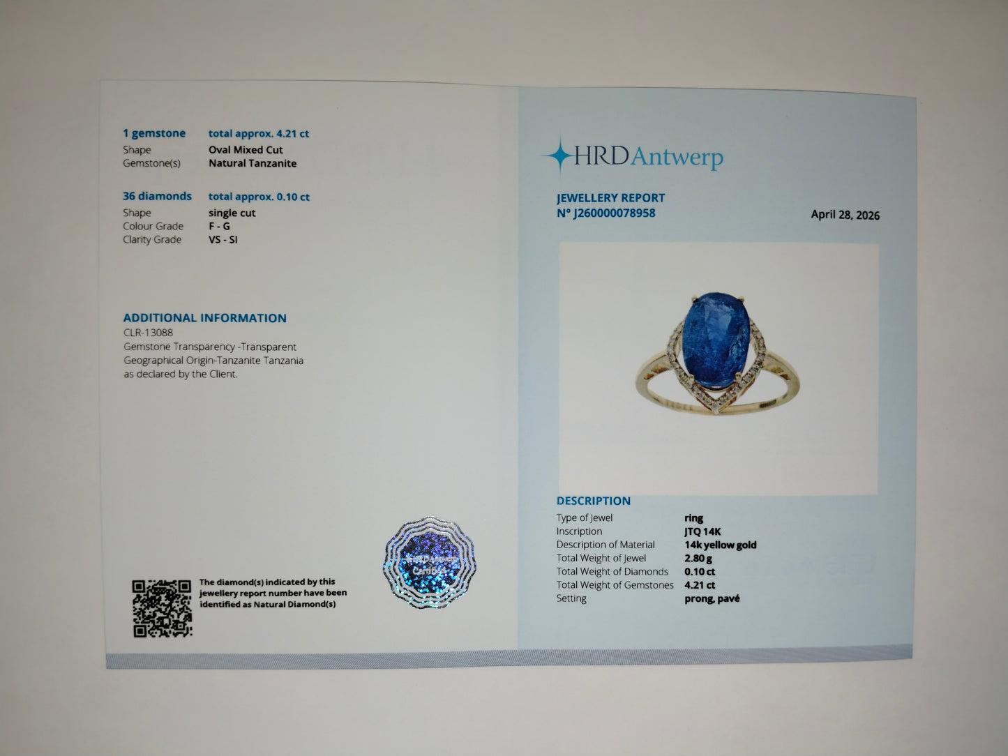 4.31 Ct Oval Mixed Cut Natural Tanzanite 14K Gold Ring