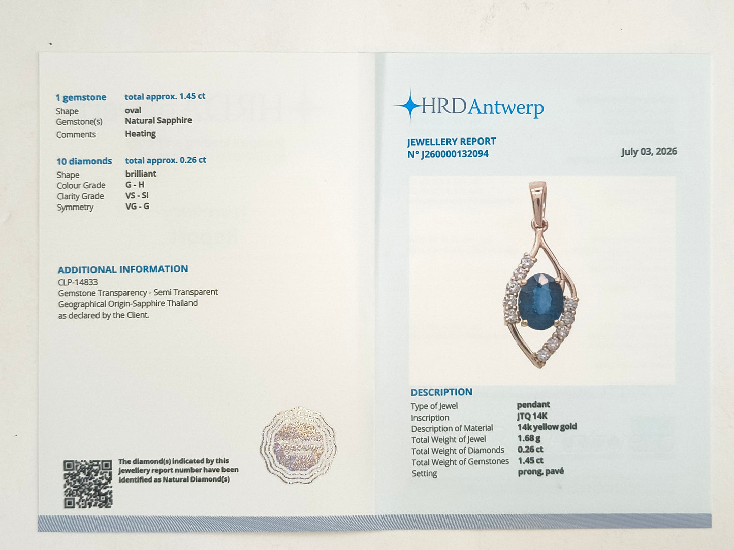 1.71 Ct Oval Natural Sapphire 14K Gold Pendant
