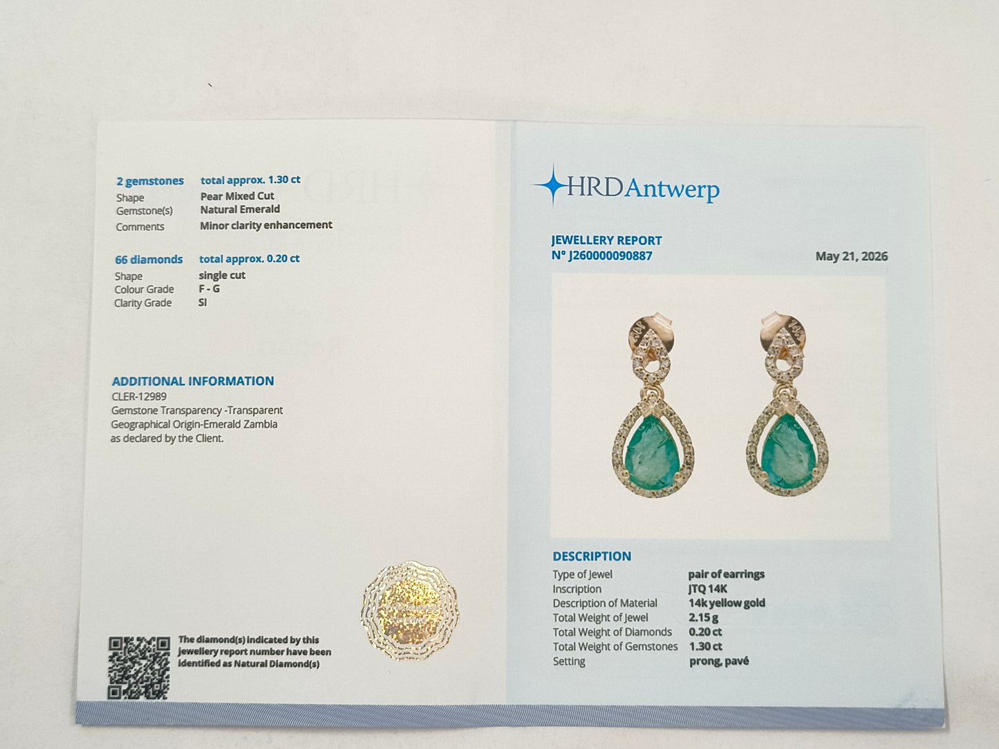 1.50 Ct Pear Emerald 14K Gold Earrings