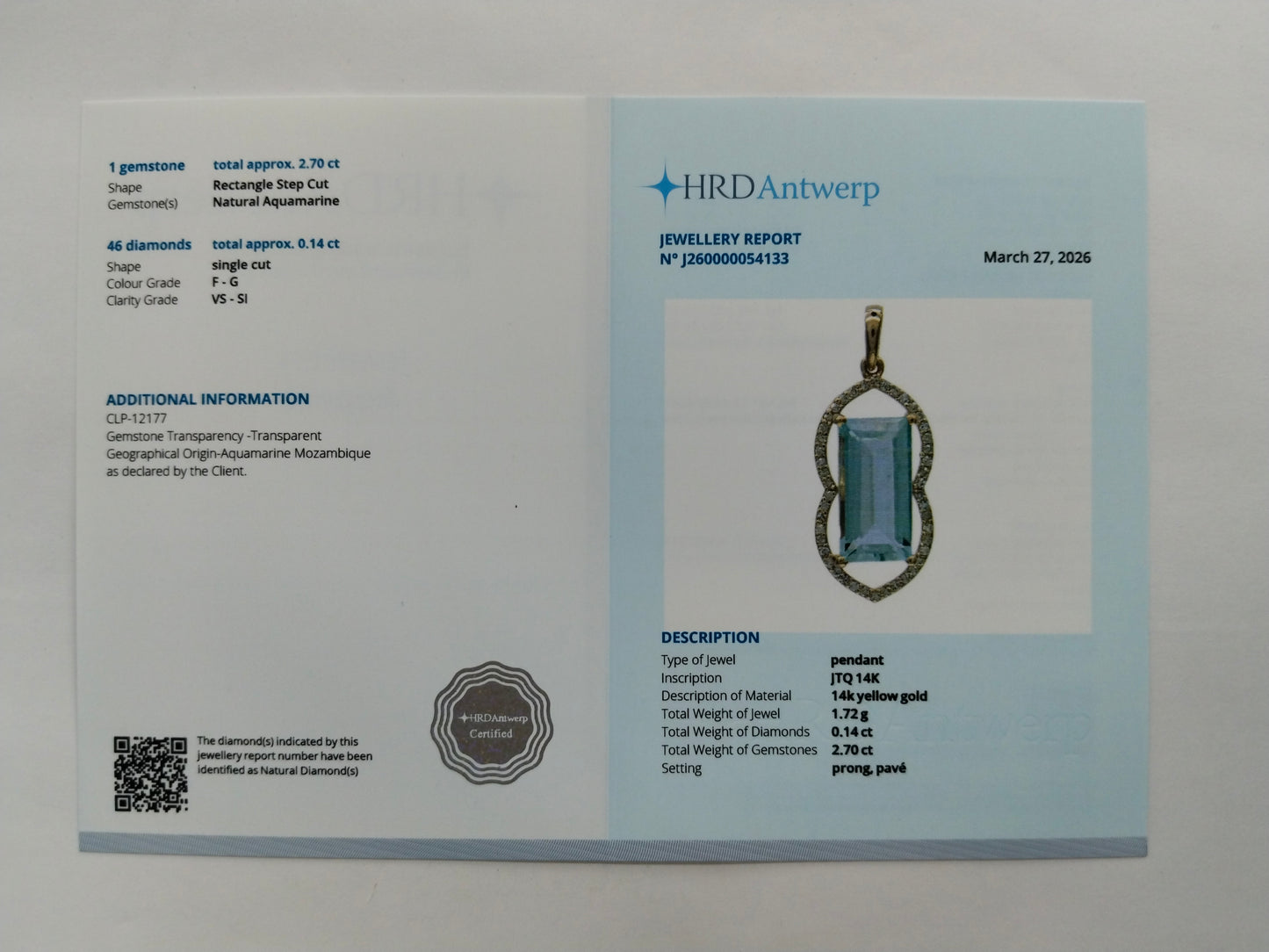 2.84 Ct Rectangle Step Cut Natural Aquamarine 14K Gold Pendant
