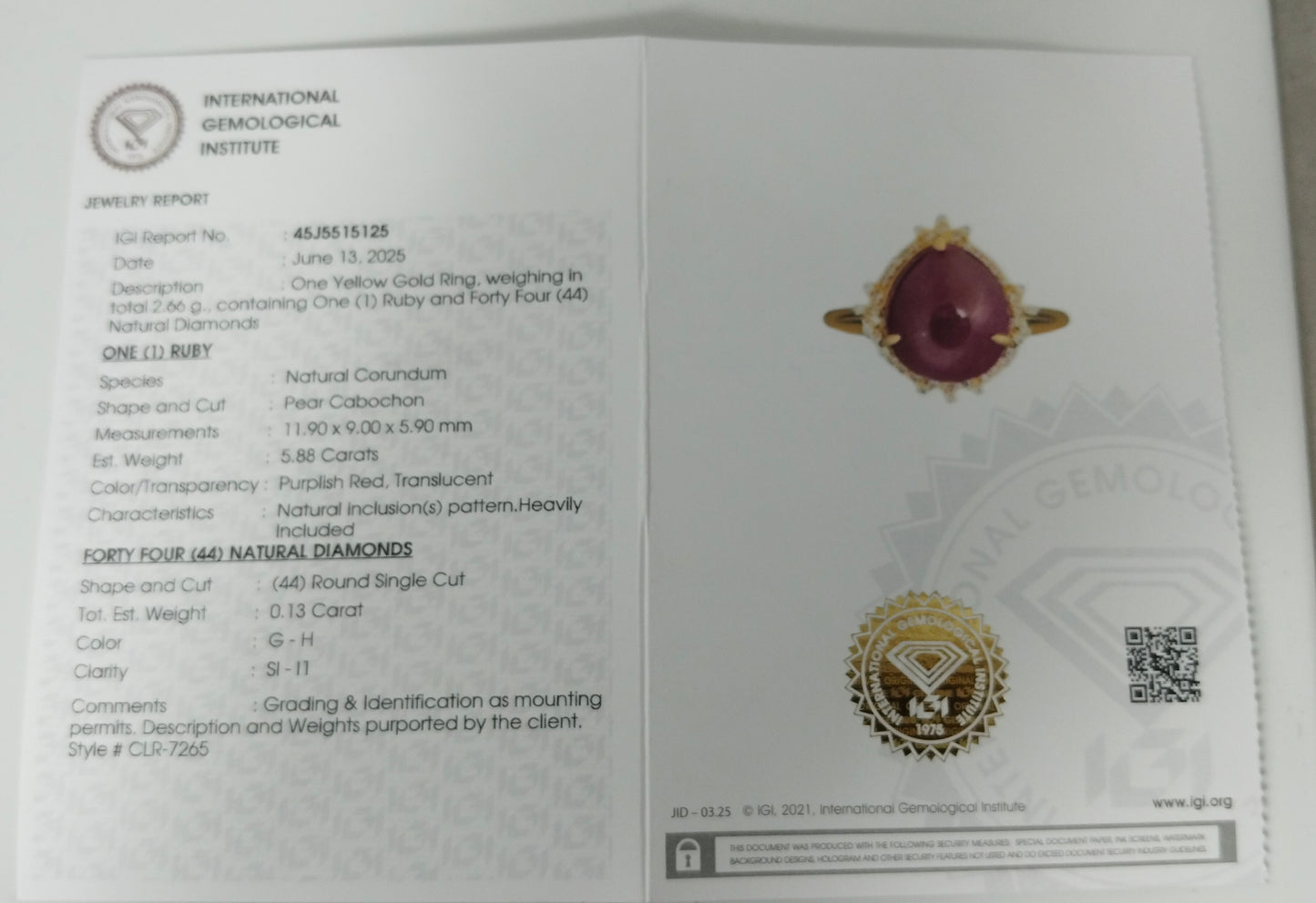 6.01 Ct Pear Cabochon Natural Corundum Ruby 14K Gold Ring