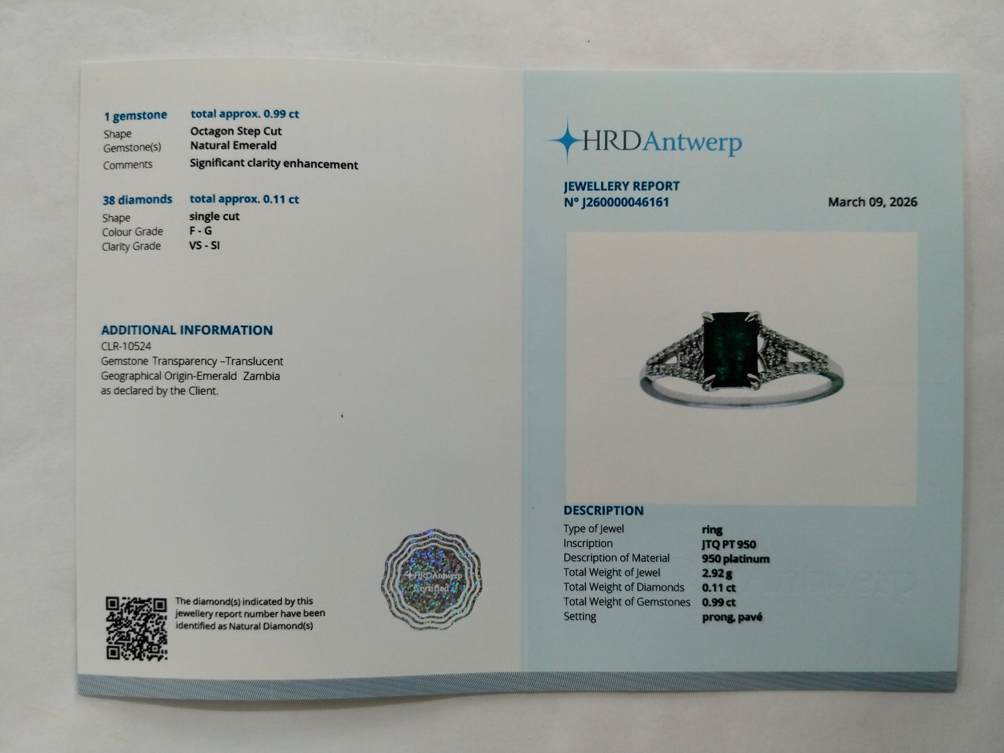 1.10 Ct Octagon Step Cut Natural Emerald 950 Platinum Ring