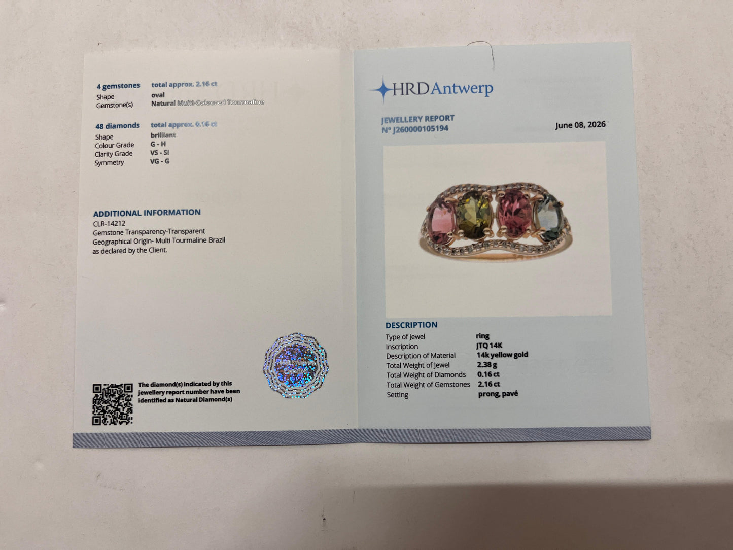 2.32 Ct Oval Mixed Cut Natural Multi-Coloured Tourmaline 14K Gold Ring