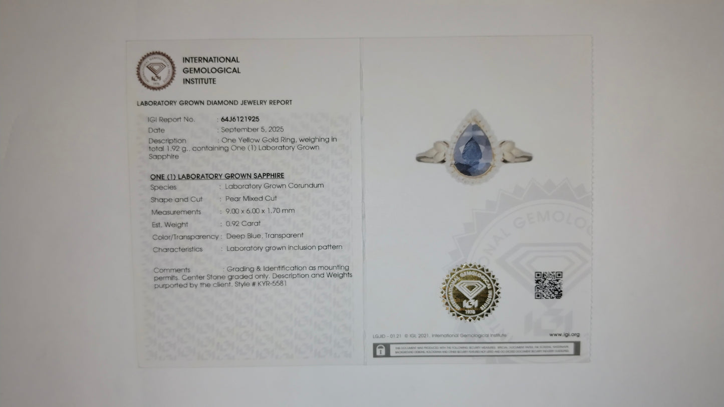 1.02 Ct Pear Mixed Cut Lab Grown Sapphire 14K Gold Ring