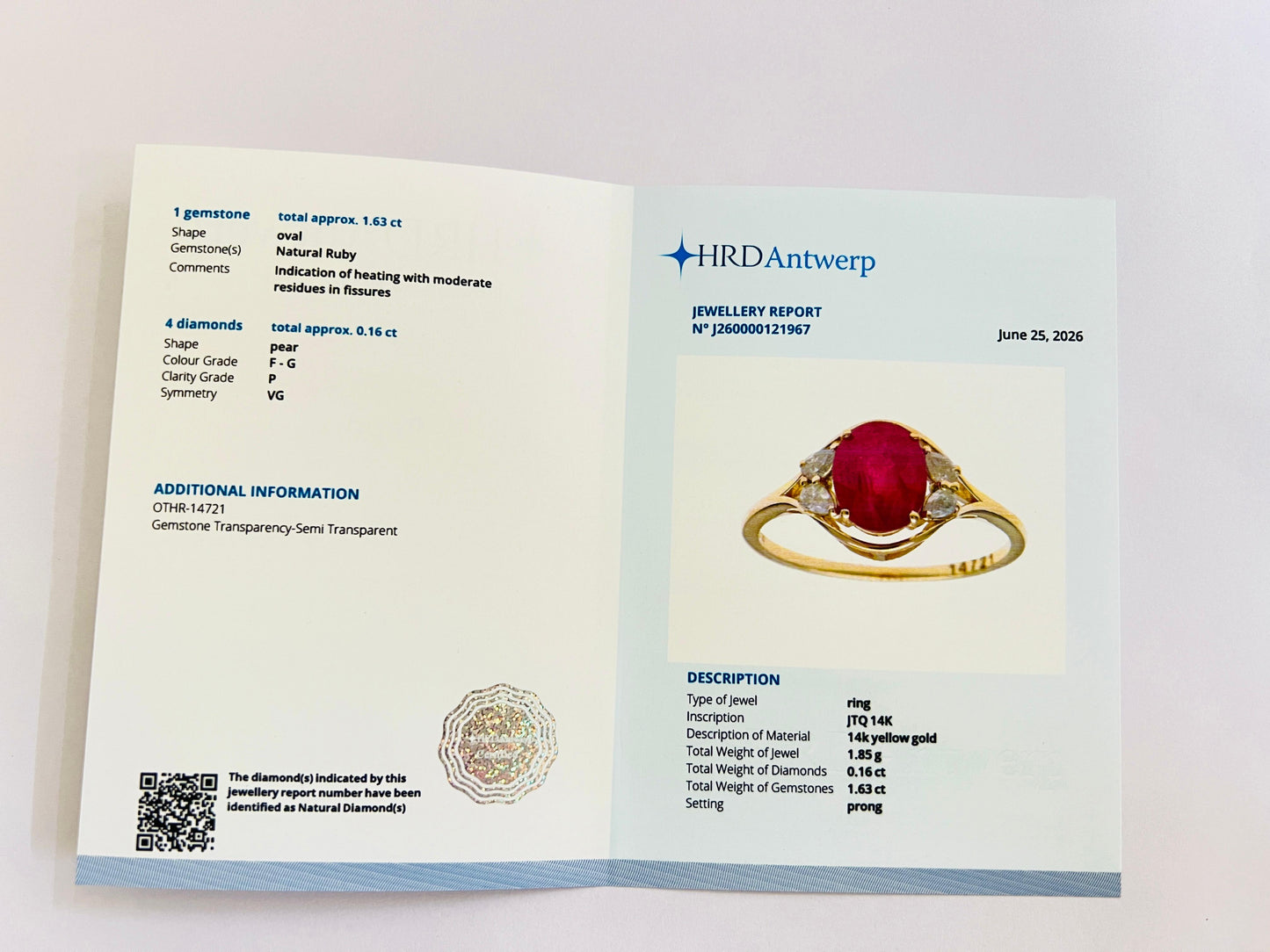1.79 Ct Oval Natural Ruby 14K Gold Ring