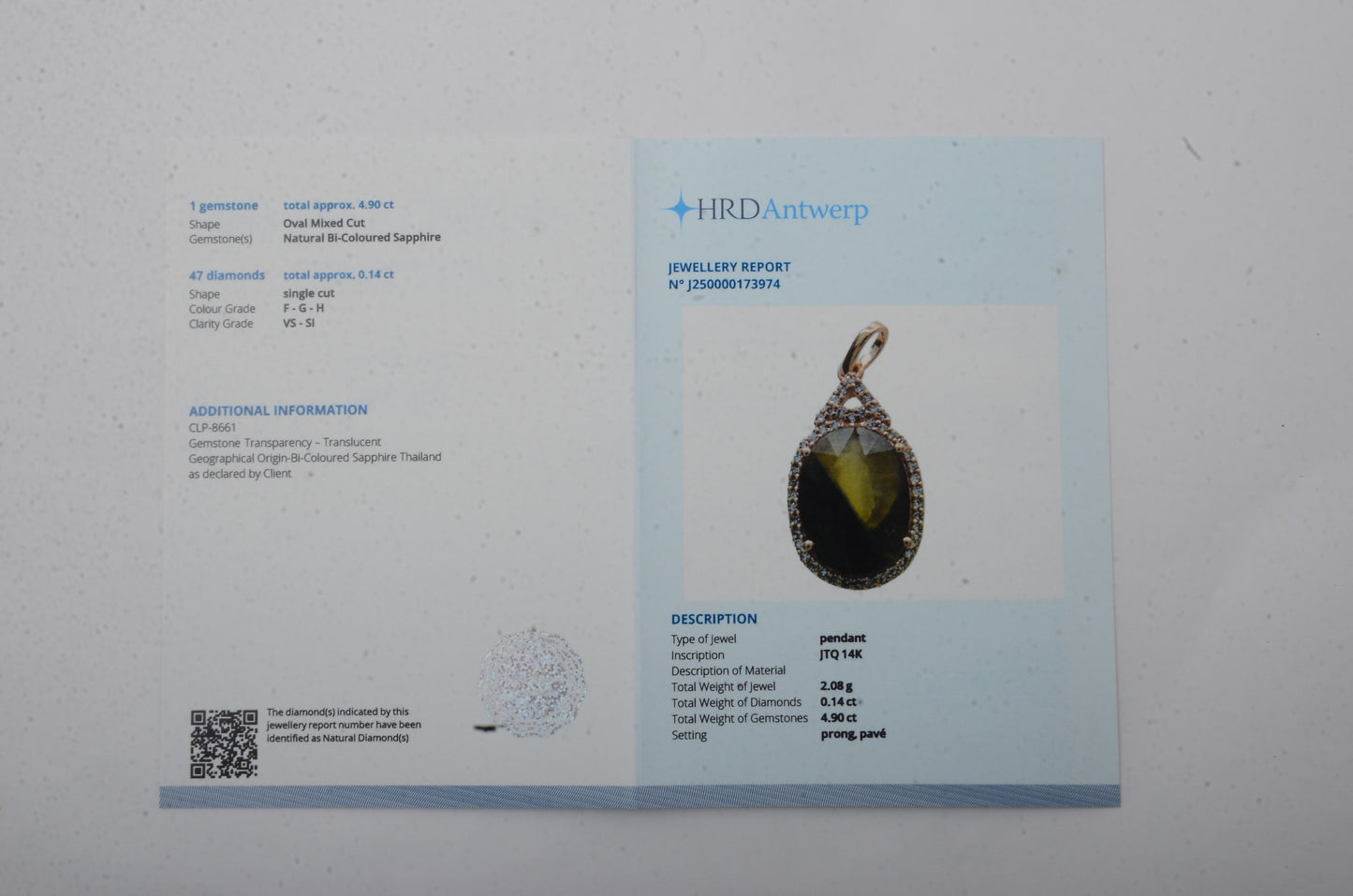 5.04 Ct Oval Mixed Cut Natural Bi Coloured Sapphire 14K Gold Pendant
