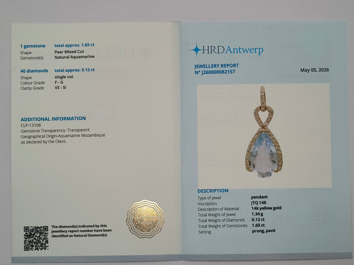 1.77 Ct Pear Mixed Cut Natural Aquamarine 14K Gold Pendant
