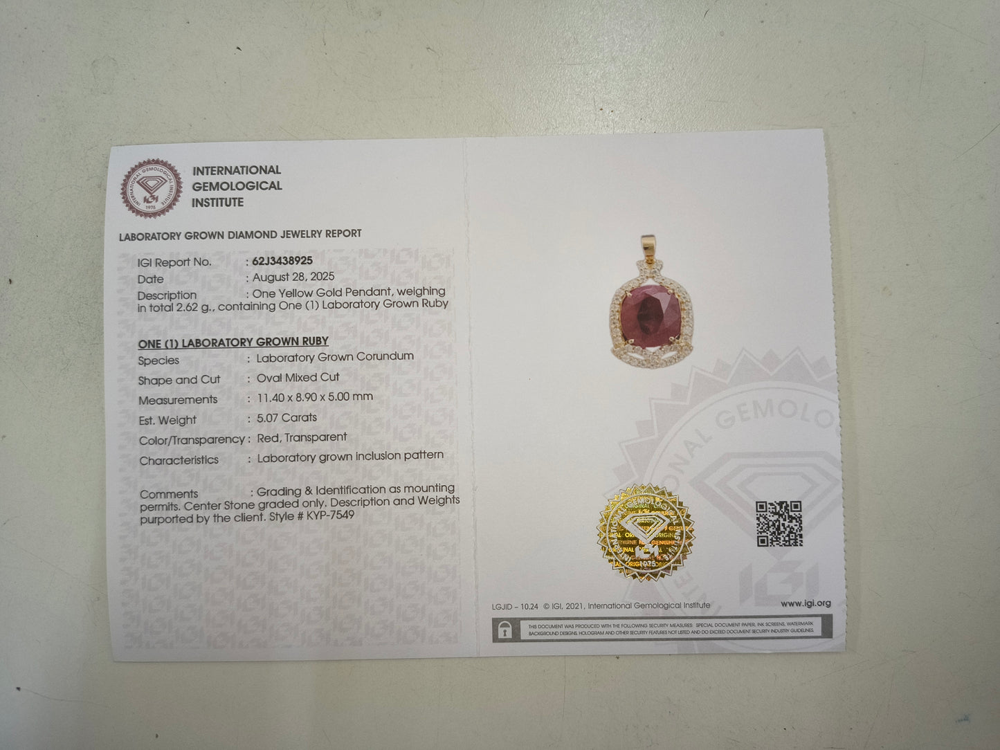 5.36 Ct Oval Mixed Cut Lab Grown Ruby 14K Gold Pendant