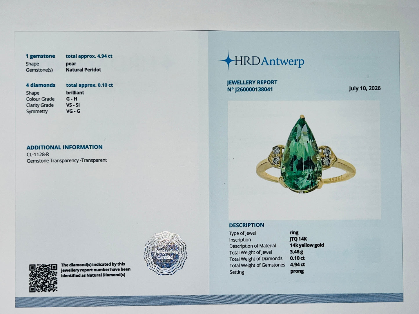 5.04 Ct Pear Natural Peridot 14K Gold Ring