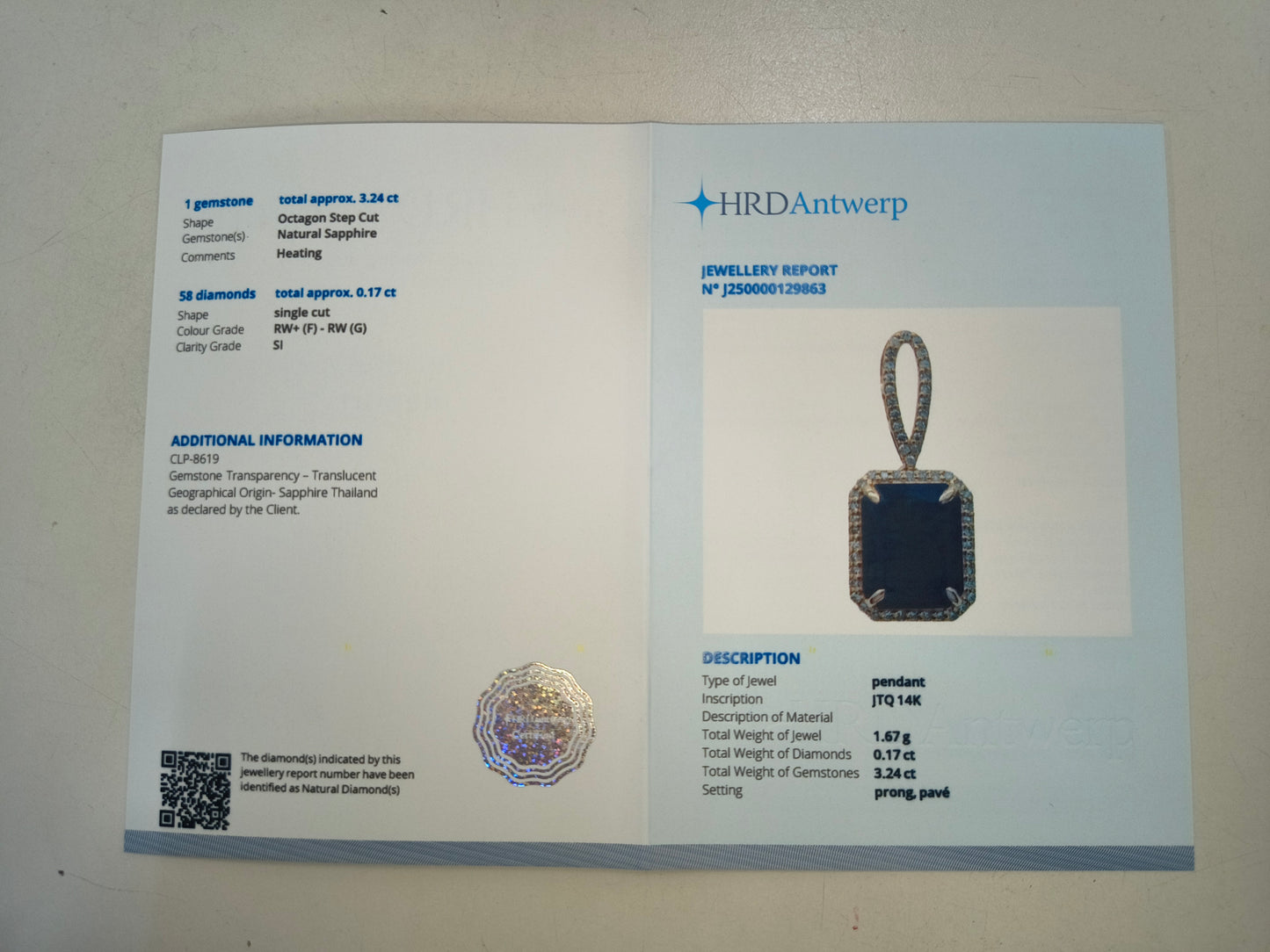 3.41 Ct Octagon Natural Sapphire 14K Gold Pendant