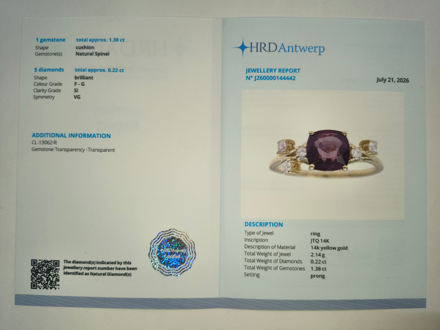 1.60 Ct Cushion Natural Spinel 14K Gold Ring