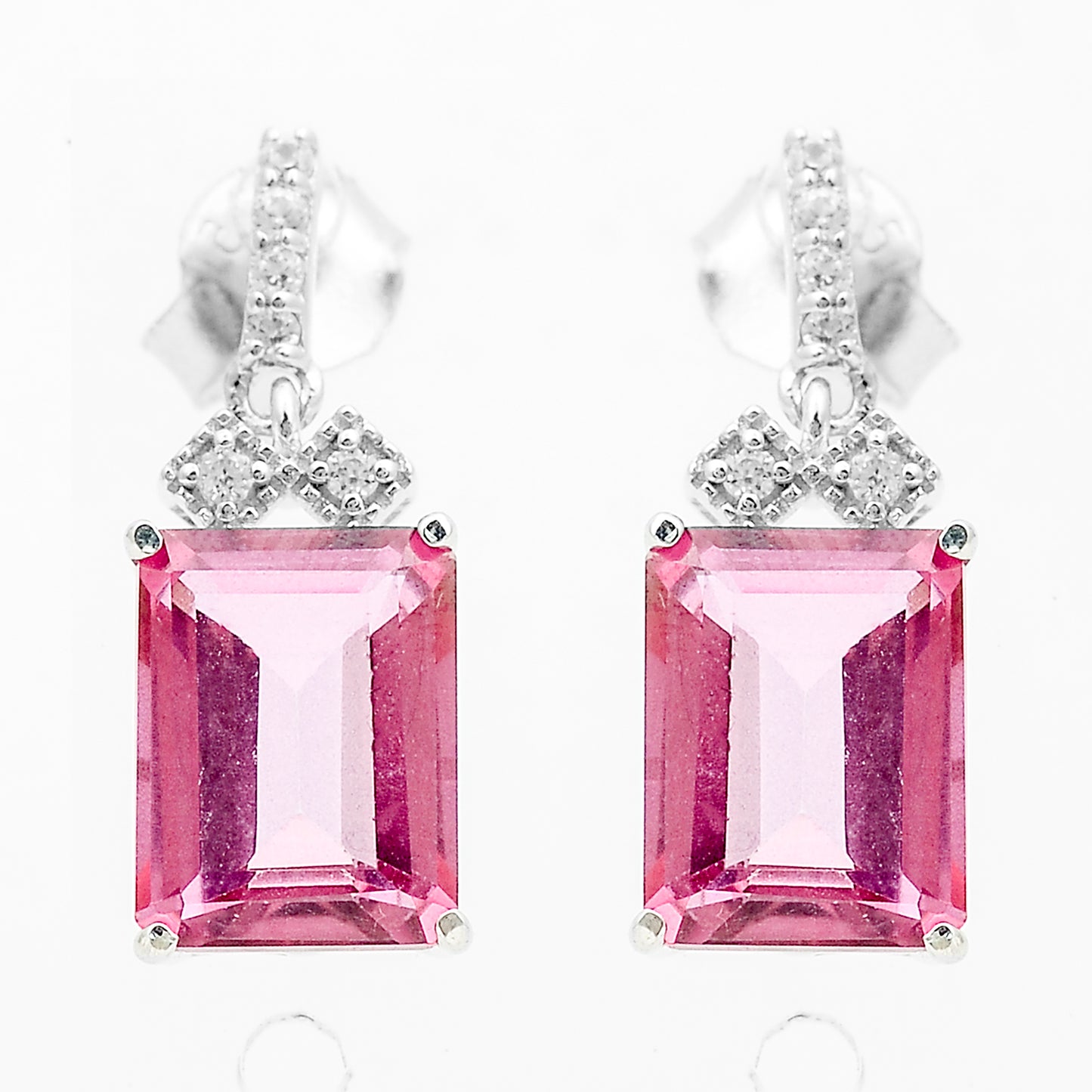5.78 Ct Octagon Pink Topaz, White Zircon 925 Sterling Silver Earrings