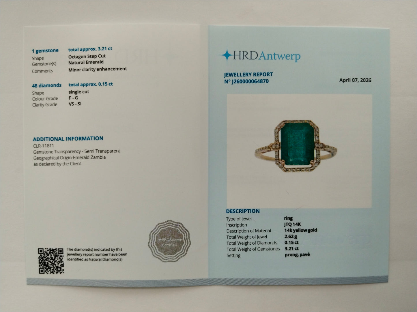 3.36 Ct Octagon Step Cut Natural Emerald 14K Gold Ring