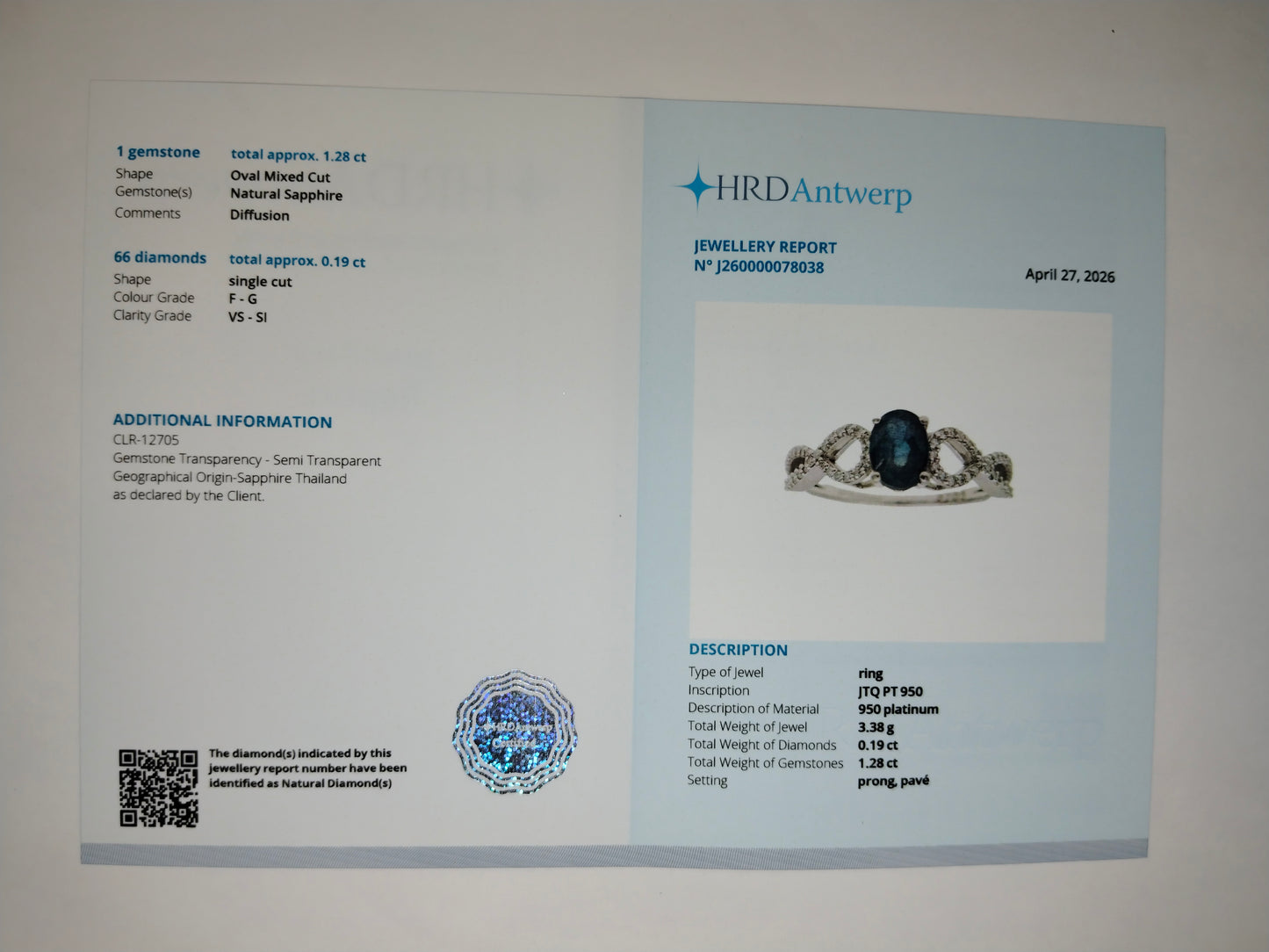 1.47 Ct Oval Mixed Cut Natural Sapphire 950 Platinum Ring