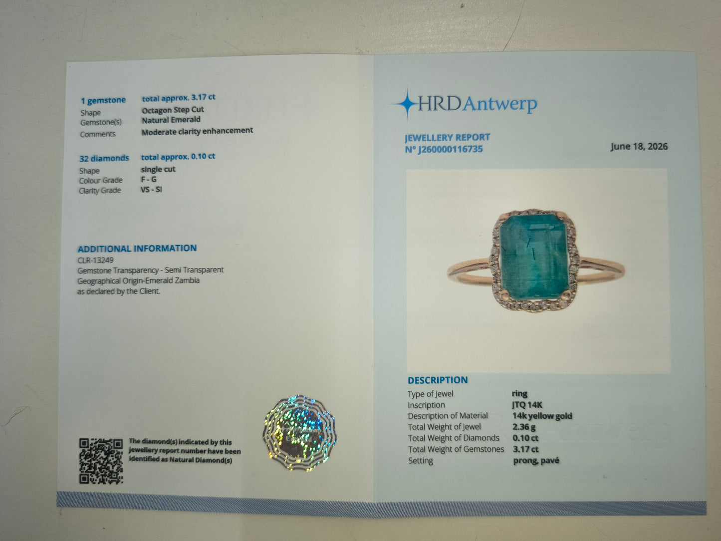 3.27 Ct Octagon Step Cut Natural Emerald 14K Gold Ring