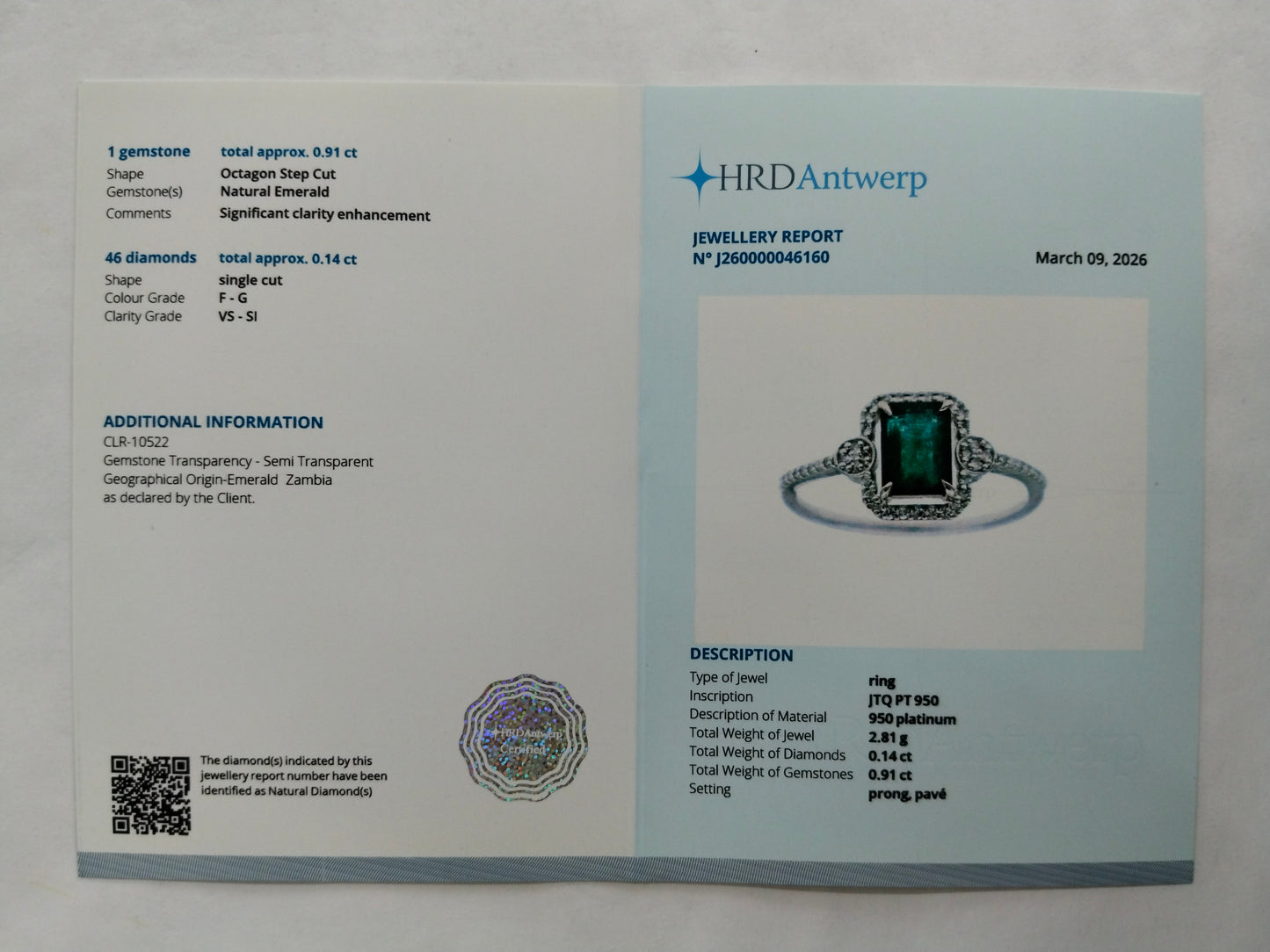 1.05 Ct Octagon Step Cut Natural Emerald 950 Platinum Ring