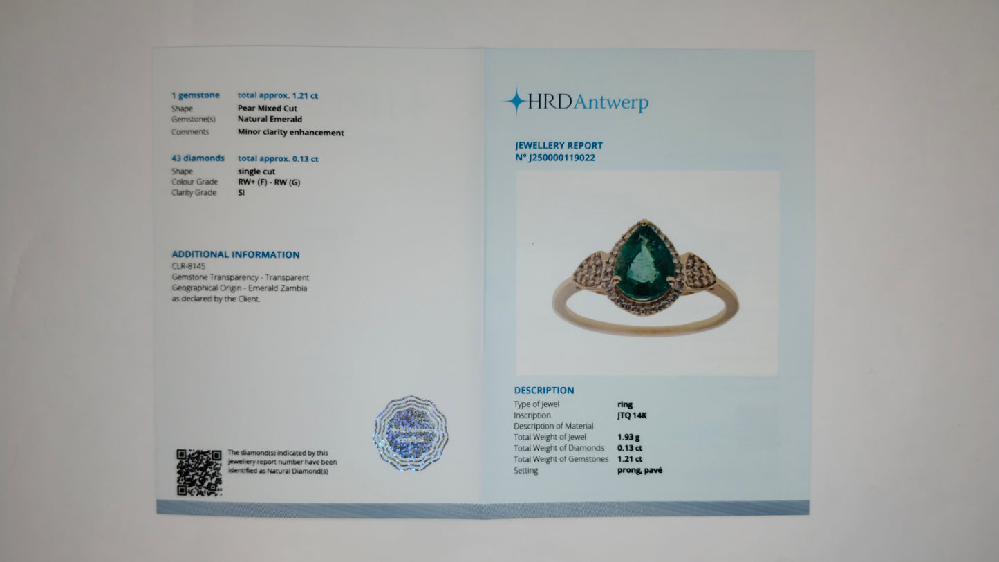 1.34 Ct Pear Mixed Cut Natural Emerald 14K Gold Ring