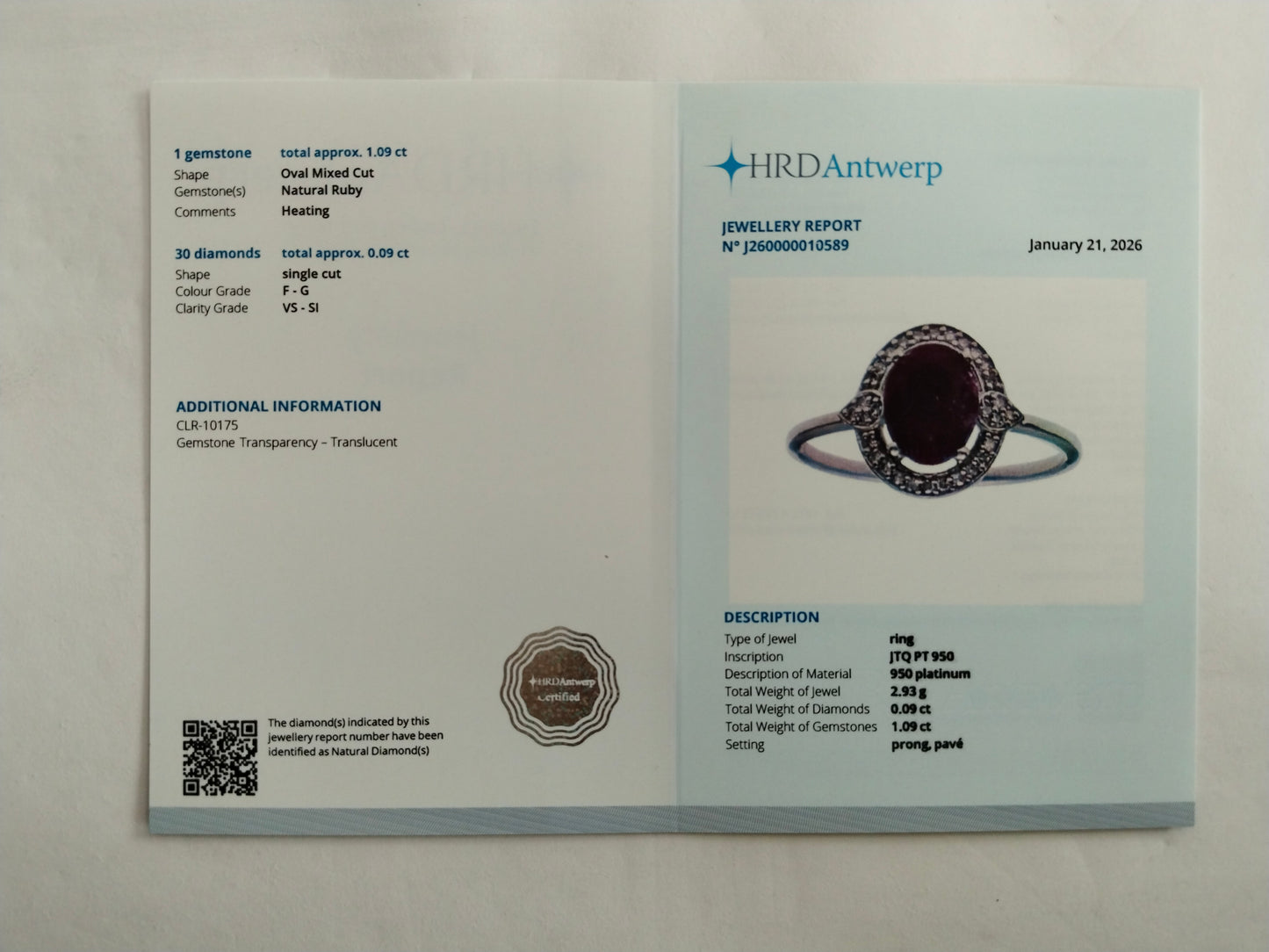 1.18 Ct Oval Mixed Cut Natural Ruby 950 Platinum Ring