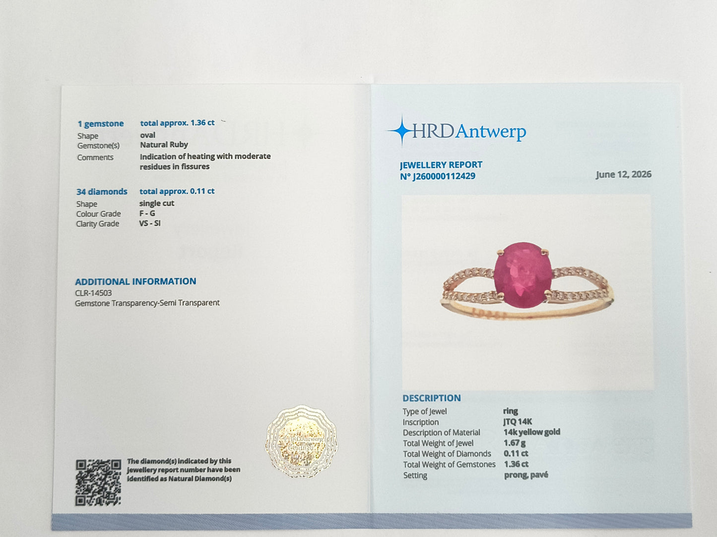1.47 Ct Oval Natural Ruby 14K Gold Ring