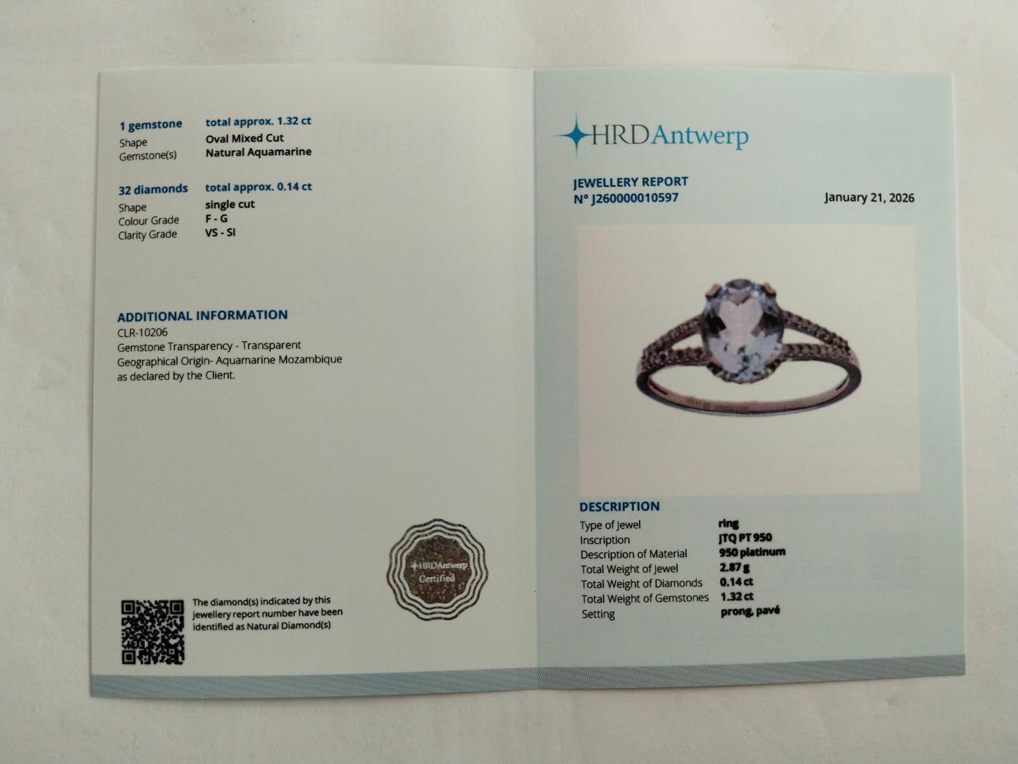 1.46 Ct Oval Mixed Cut Natural Aquamarine 950 Platinum Ring