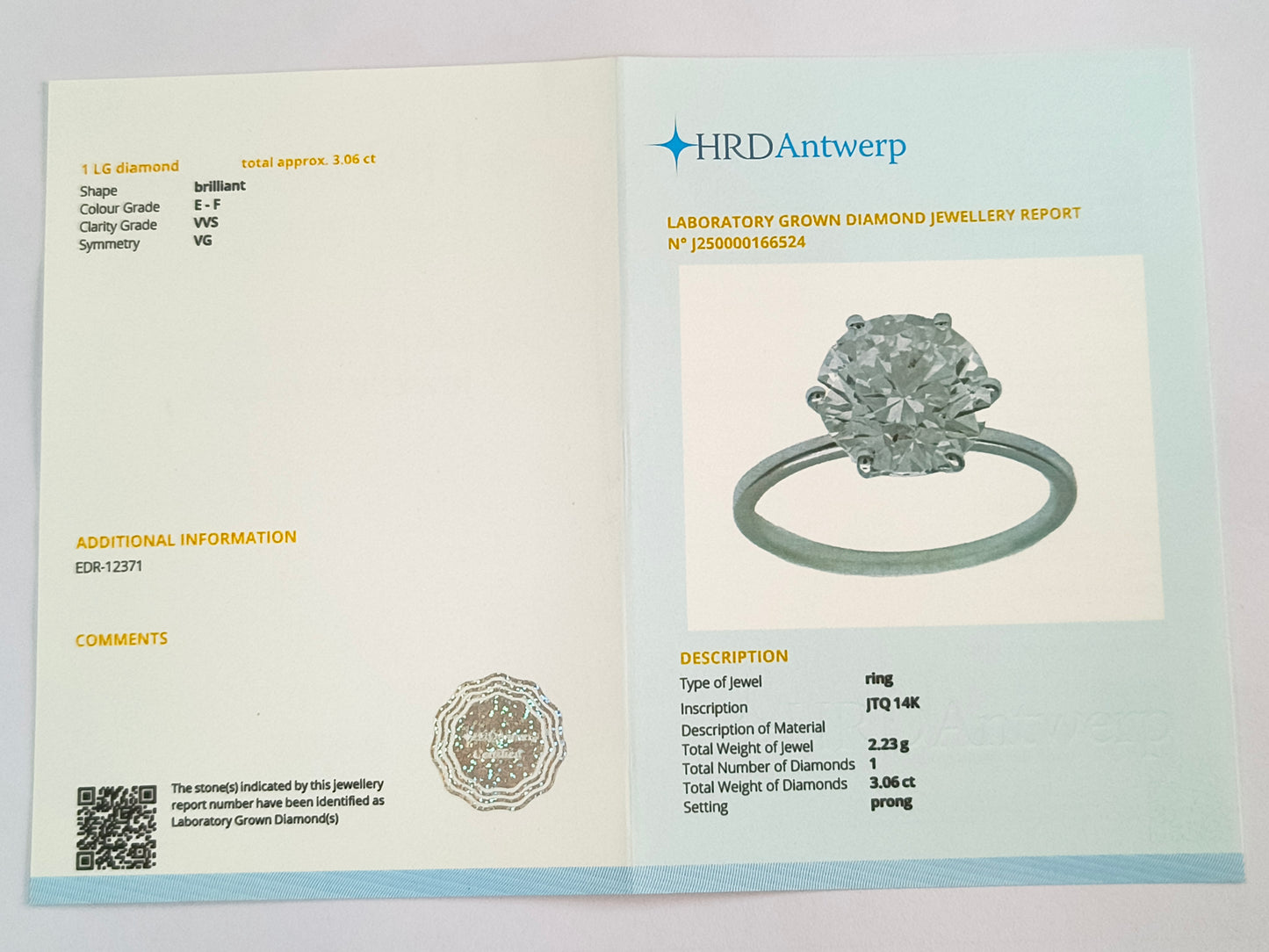 3.06 Carats Lab Grown Diamond 14K Gold Ring