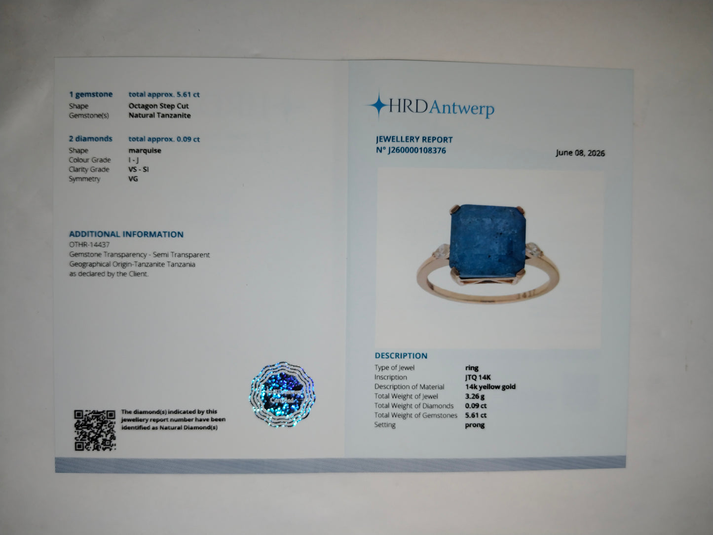 5.70 Ct Octagon Step Cut Natural Tanzanite 14K Gold Ring