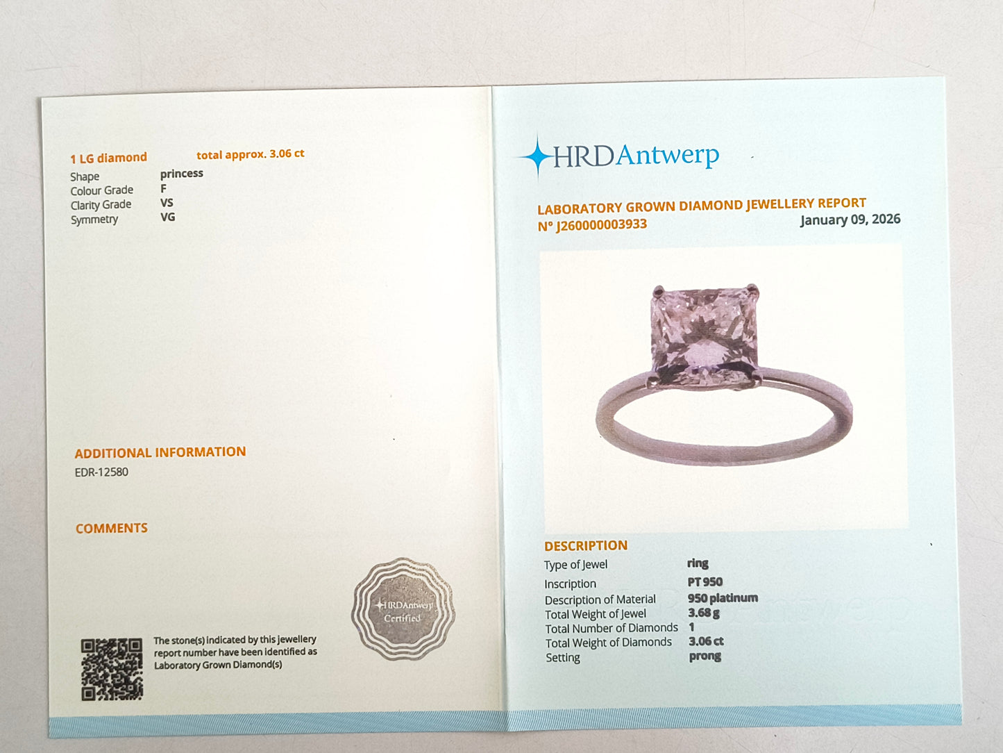 3.06 Carats Lab Grown Diamond 950 Platinum Ring