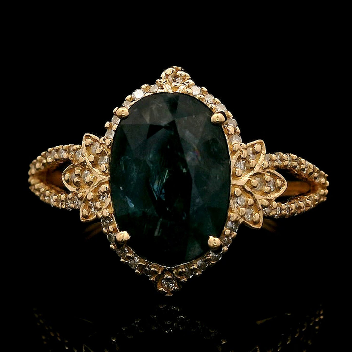 3.63 Ct Oval Mixed Cut Natural Sapphire 14K Gold Ring
