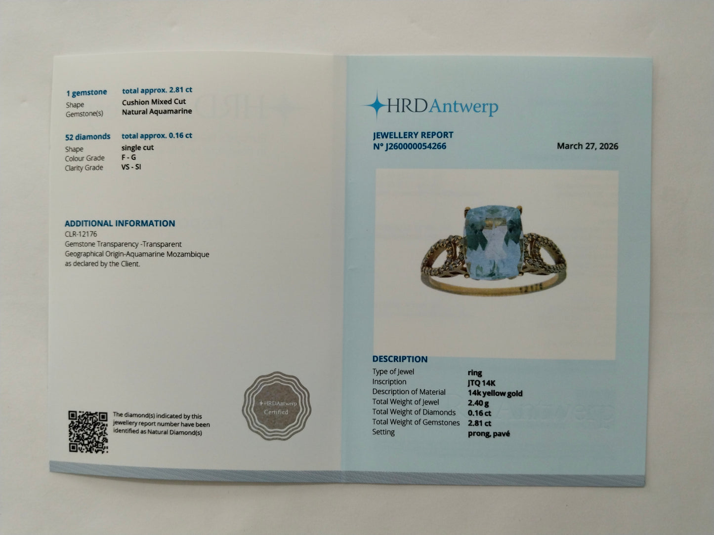 2.97 Ct Cushion Mixed Cut Natural Aquamarine 14K Gold Ring