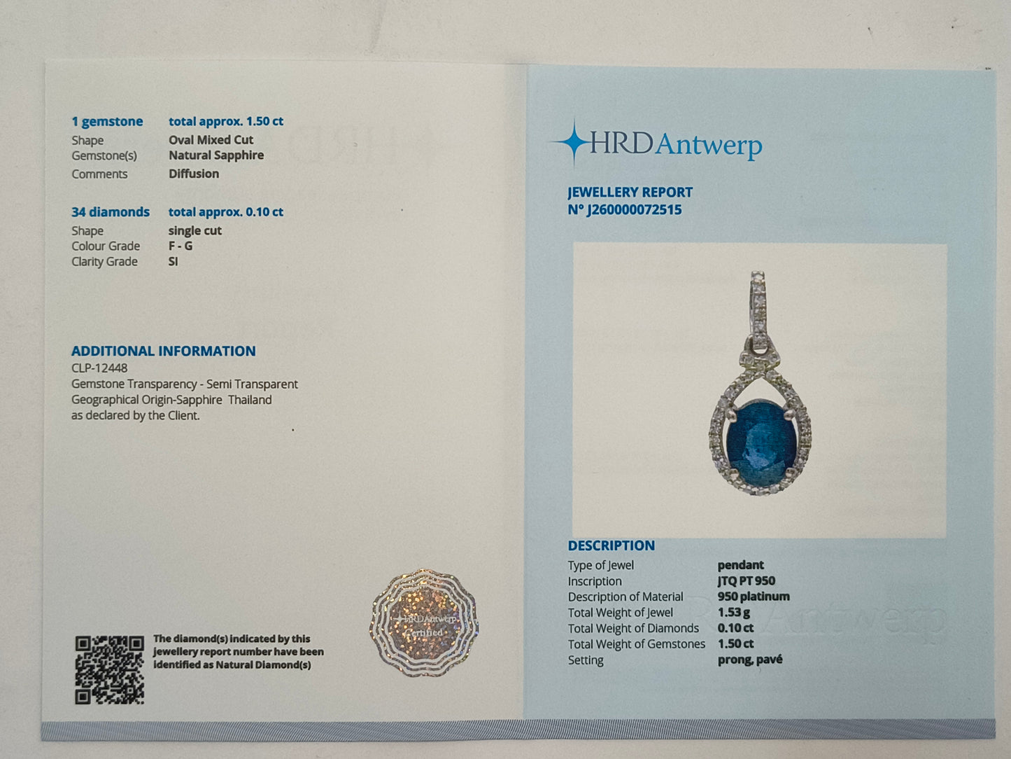1.60 Ct Oval Mixed Cut Natural Sapphire 950 Platinum Pendant