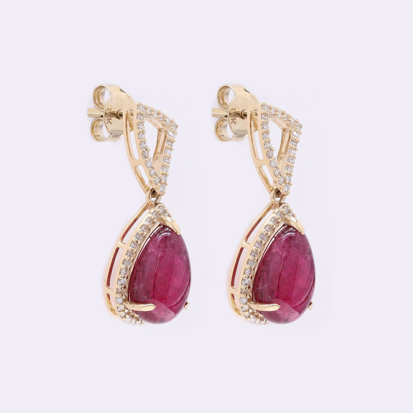 6.10 Ct Pear Cabochon Natural Rubellite 14K Gold Earrings
