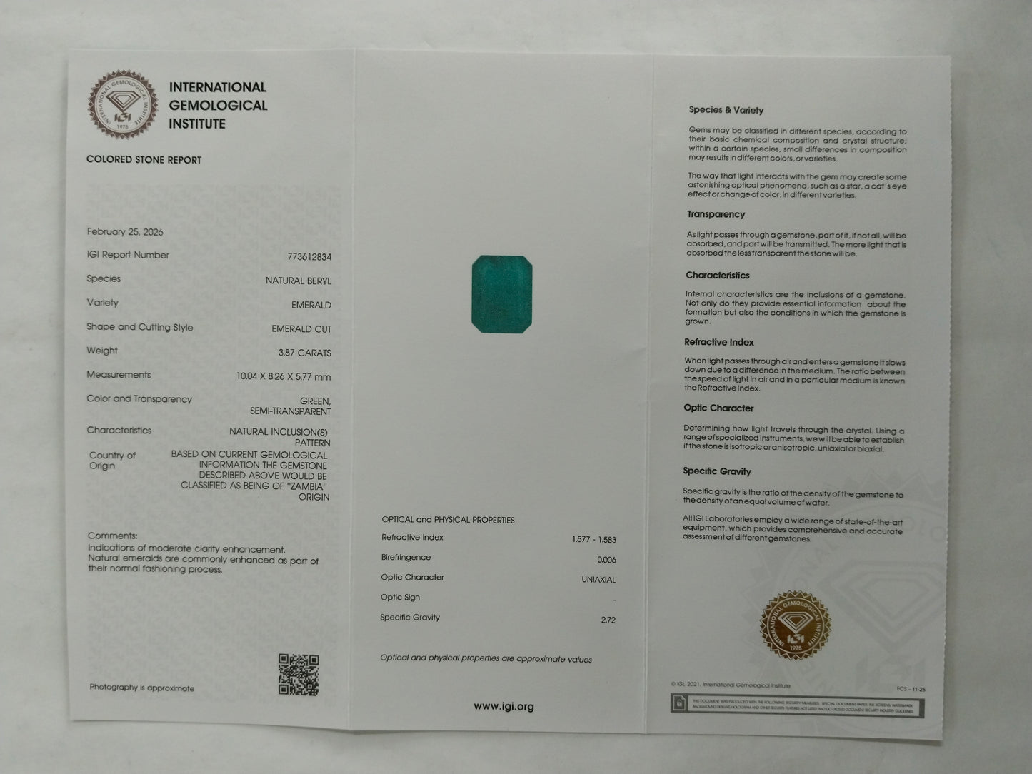 3.87 Natural Beryl Emerald Emerald Cut Gemstone