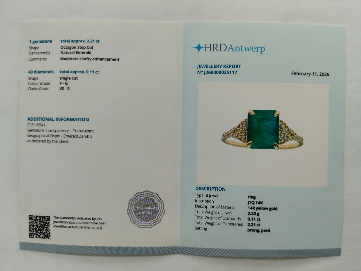 2.32 Ct Octagon Step Cut Natural Emerald 14K Gold Ring