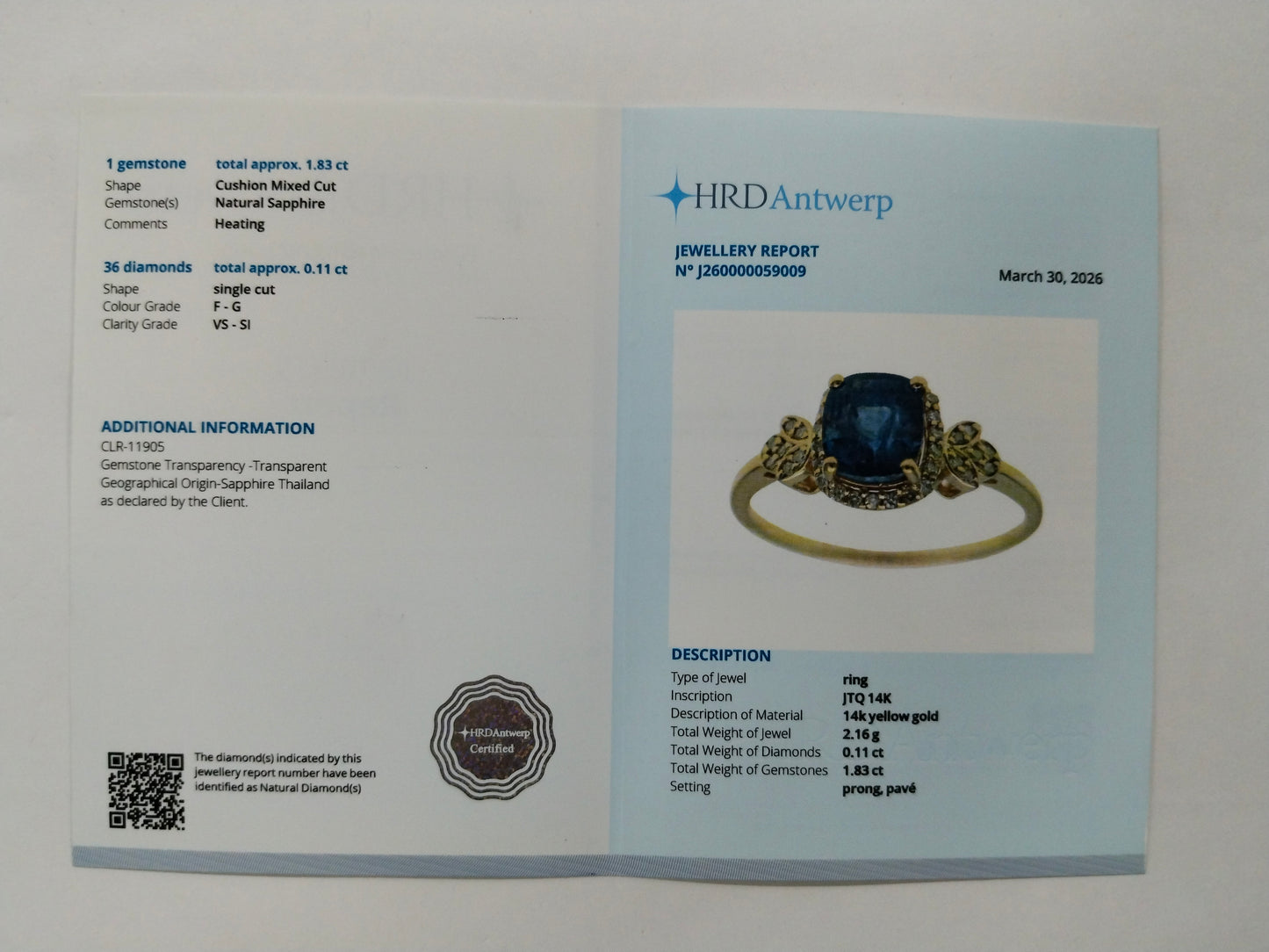 1.94 Ct Cushion Mixed Cut Natural Sapphire 14K Gold Ring