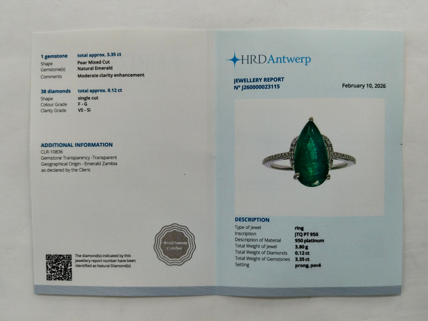 3.47 Ct Pear Mixed Cut Natural Emerald 950 Platinum Ring