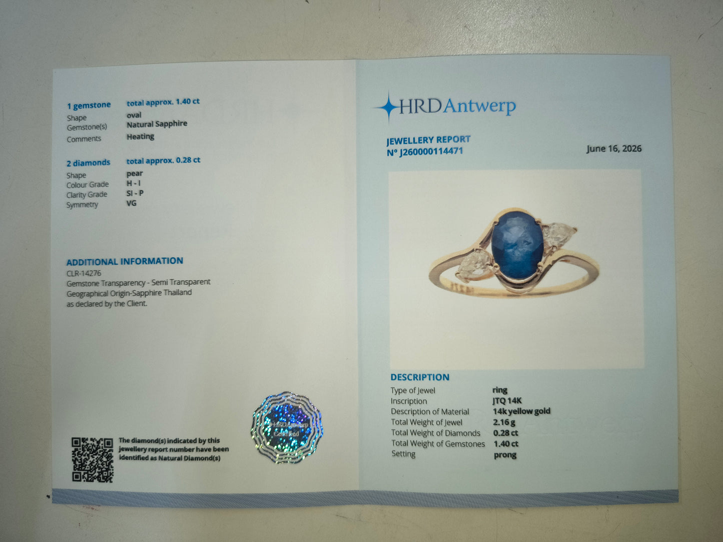1.68 Ct Oval Natural Sapphire 14K Gold Ring