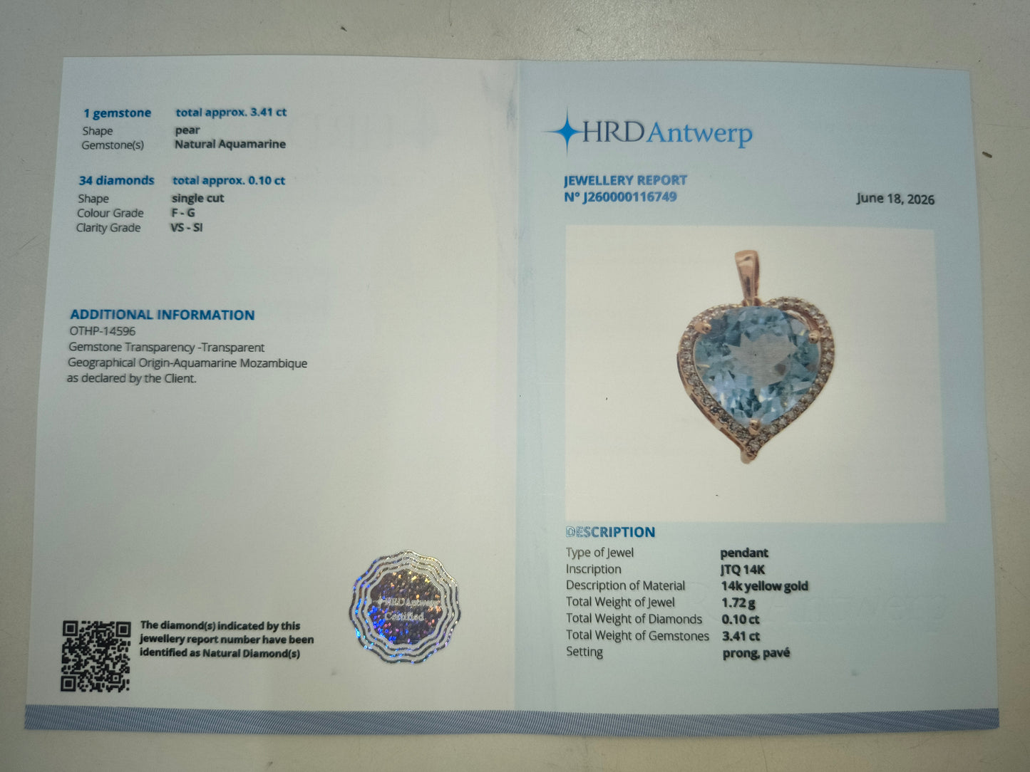 3.51 Ct Pear Natural Aquamarine 14K Gold Pendant