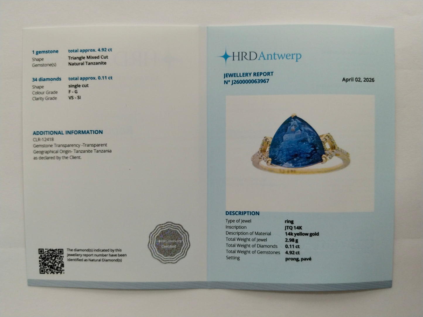 5.03 Ct Triangle Mixed Cut Natural Tanzanite 14K Gold Ring