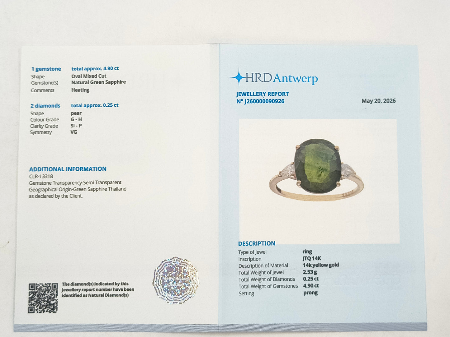 5.15 Ct Oval Green Sapphire 14K Gold Ring