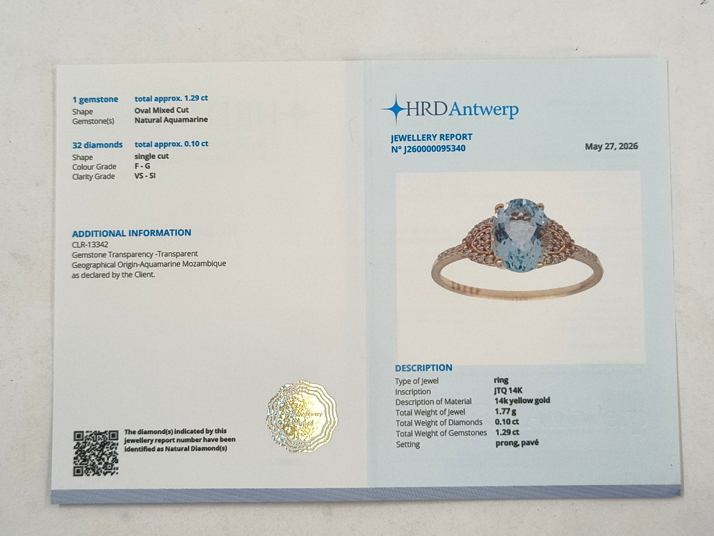 1.39 Ct Oval Mixed Cut Natural Aquamarine 14K Gold Ring
