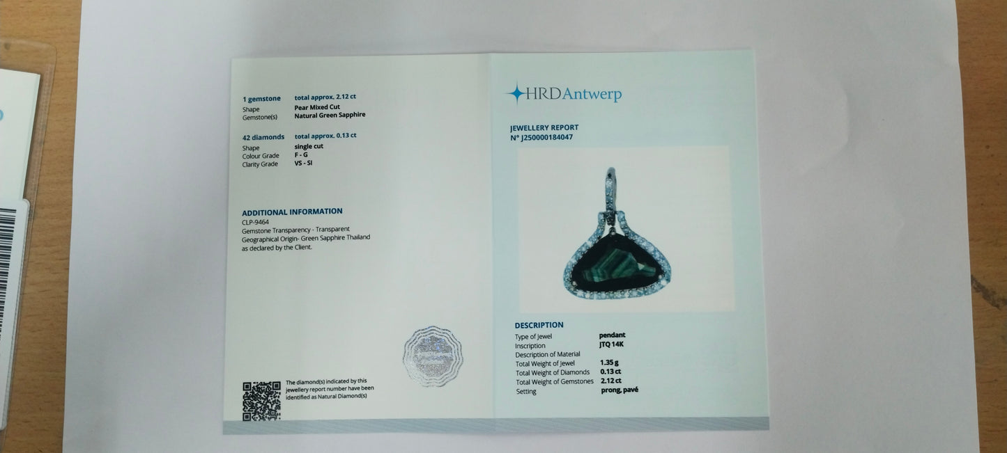 2.25 Ct Pear Mixed Cut Natural Green Sapphire 14K Gold Pendant