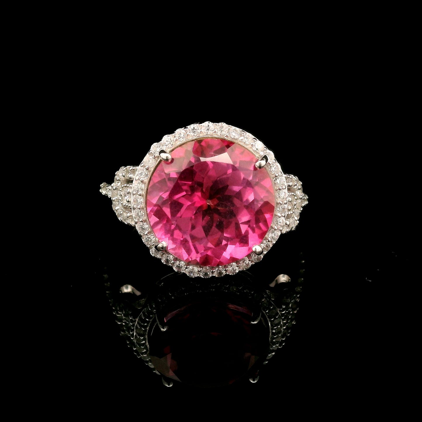 9.35 Ct Round Pink Topaz, White Zircon 925 Sterling Silver Ring