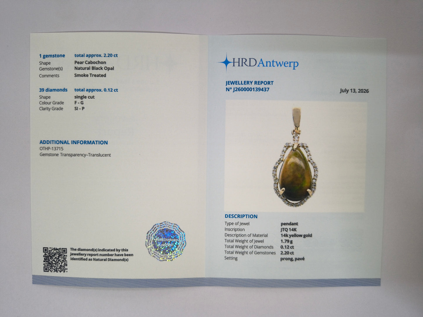 2.32 Ct Pear Cabochon Natural Black Opal 14K Gold Pendant