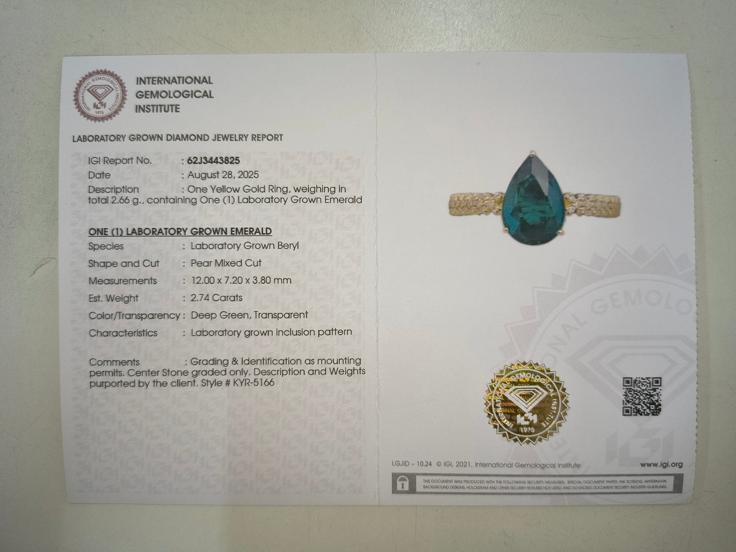 2.86 Ct Pear Mixed Cut Lab Grown Emerald 14K Gold Ring