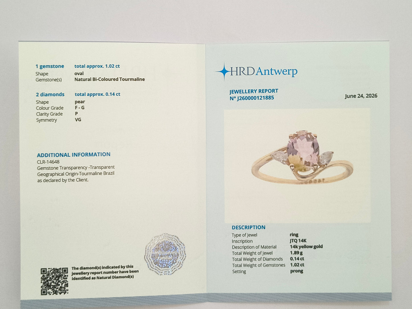 1.16 Ct Oval Natural Bi-Coloured Tourmaline 14K Gold Ring